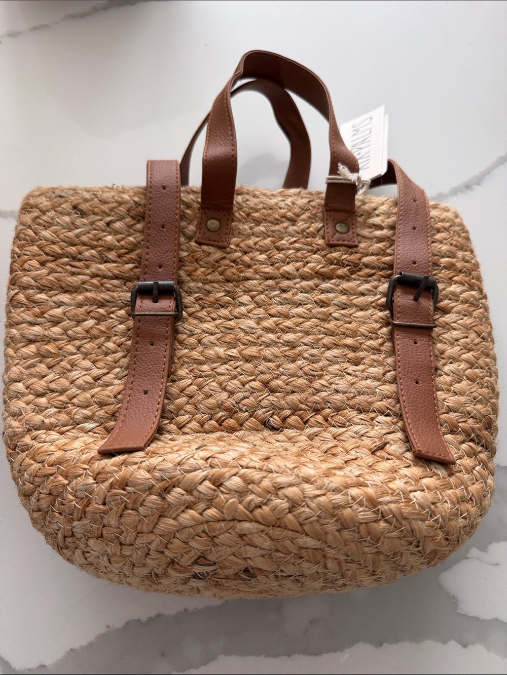 New with tags Natural Woven Tote with Brown Leather backpack Straps